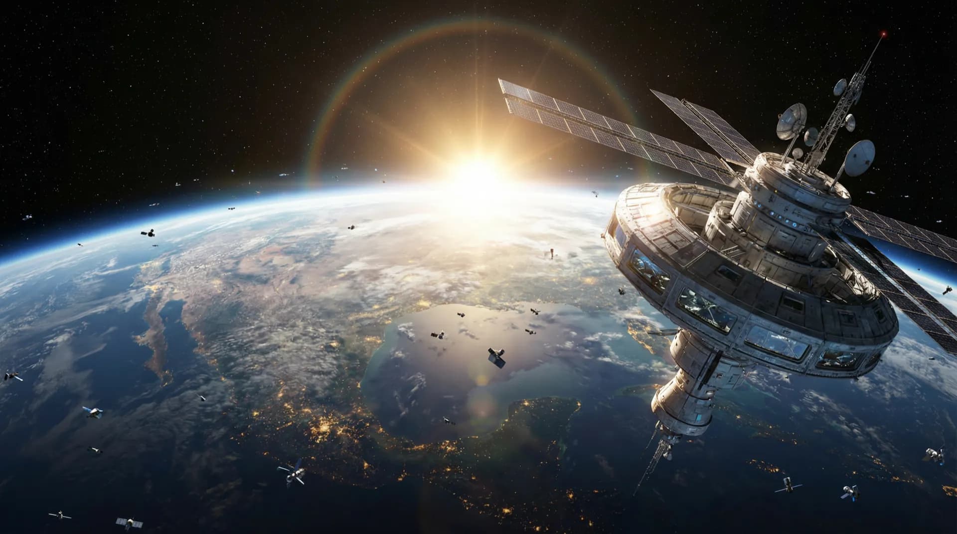 Космическая станция на фоне восхода Солнца над Землёй