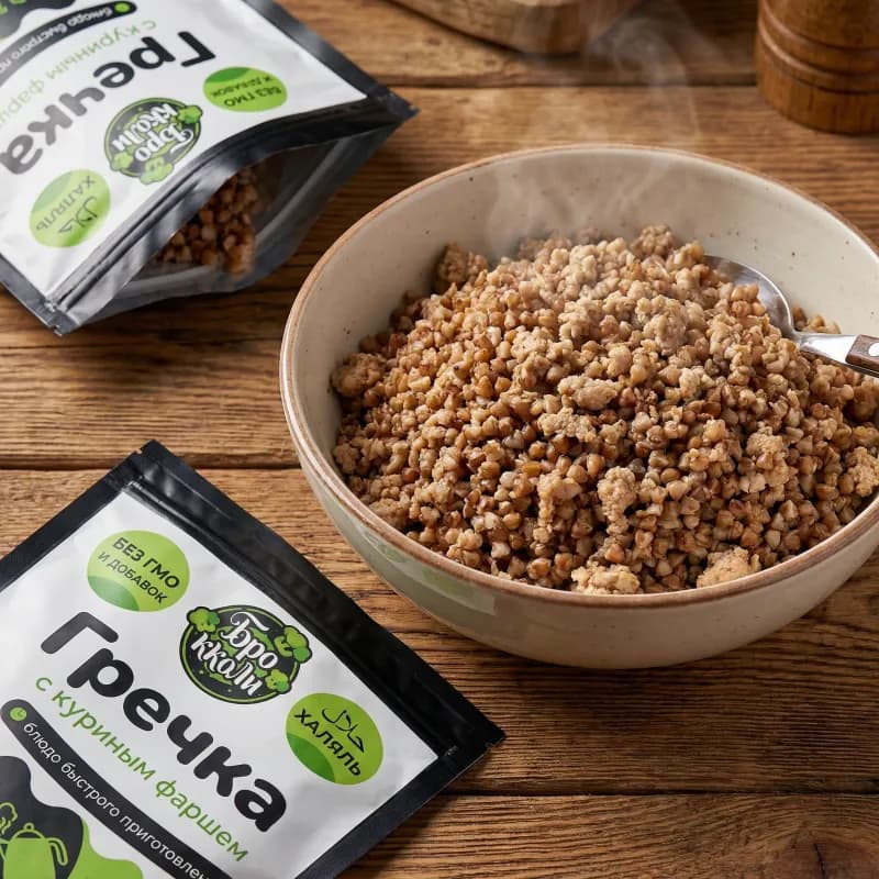 Гречка с куриным фаршем Бро Кколи — дой-пак и готовое блюдо